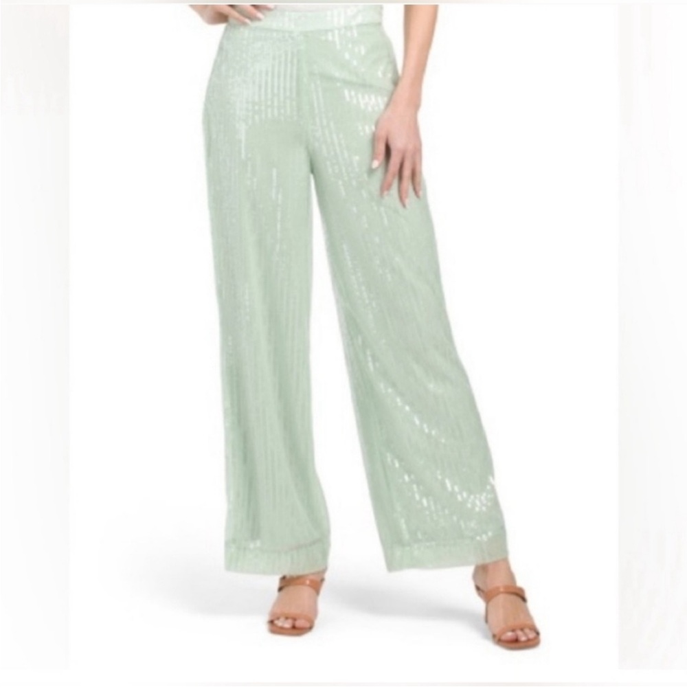 House of Harlow 1960 Light Green Sequin Wide Leg Pants